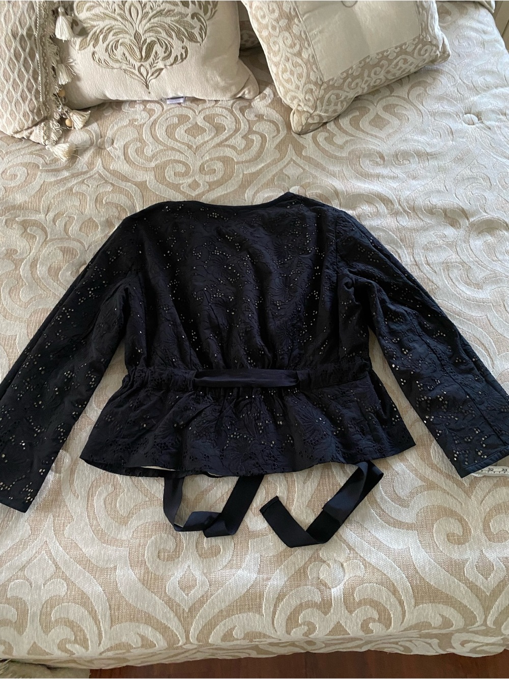 LOFT Eyelet Peplum Jacket Black Tie Waist Cotton Size 10 - Picture 14 of 14